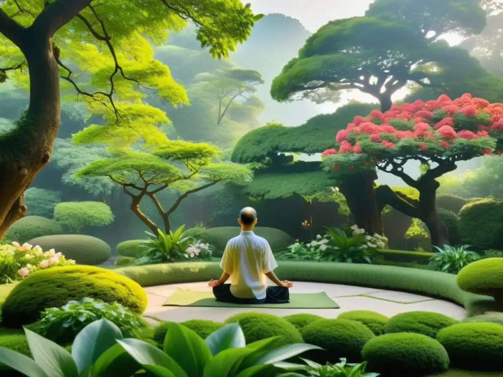 Un maestro practicando Chi Kung en un jardín sereno, rodeado de naturaleza exuberante