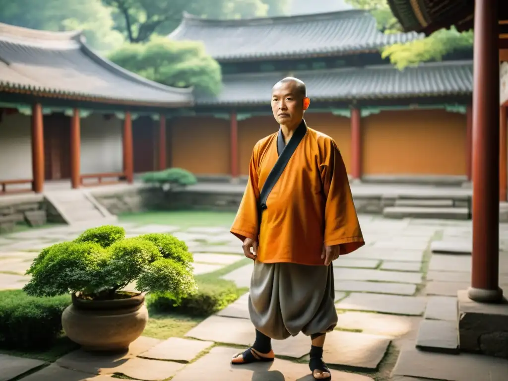 Un maestro Shaolin de edad avanzada realiza movimientos precisos de kung fu en un patio tranquilo, rodeado de árboles verdes