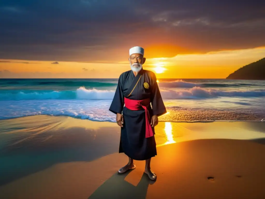 Maestro de Silat en la playa al atardecer, refleja la dimensión espiritual de las artes marciales indonesias