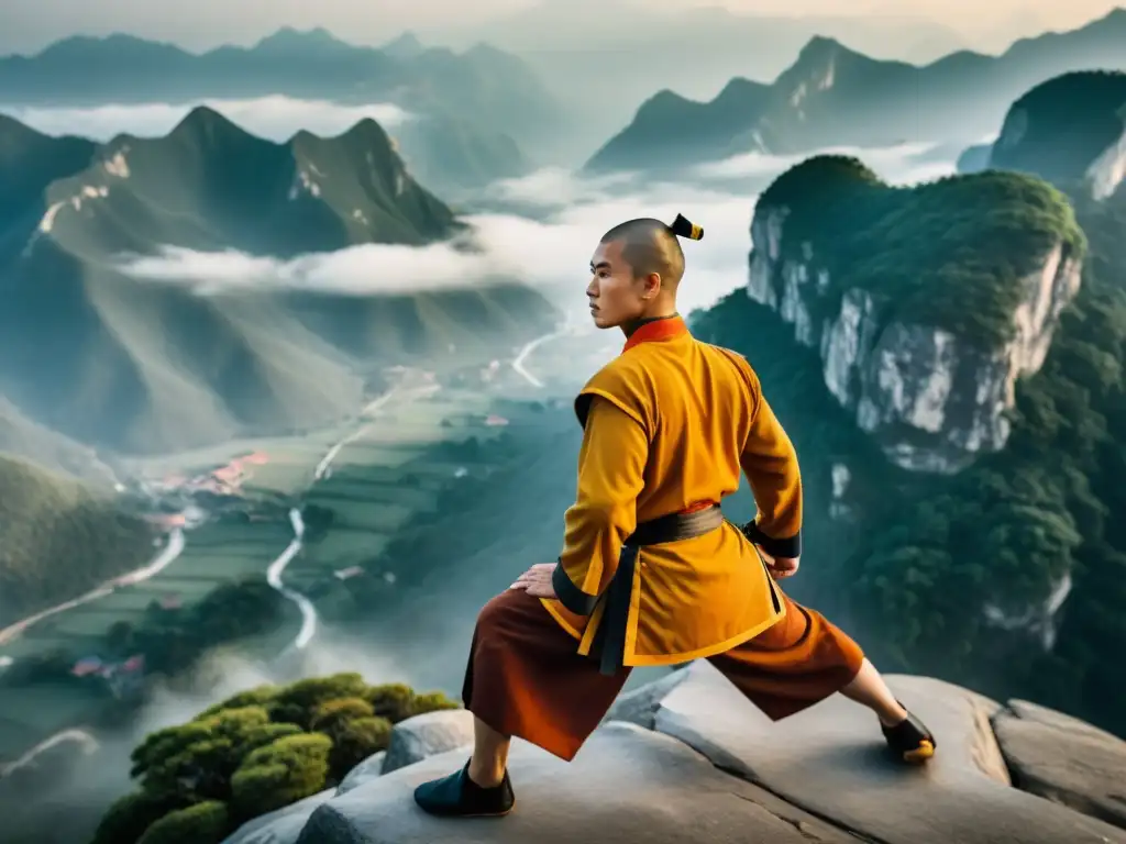 Un maestro de Shaolin Kung Fu realiza un soporte de un dedo en el borde de un acantilado, con montañas brumosas de fondo