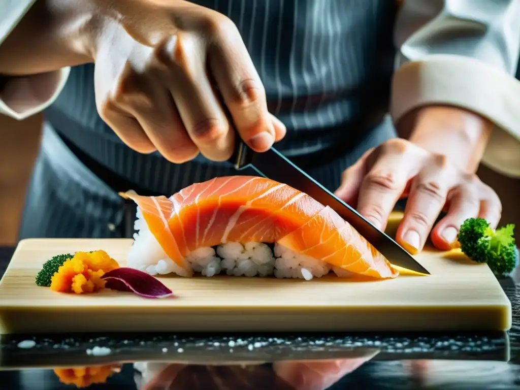 Un maestro sushi corta con destreza el sashimi, mostrando los beneficios del sushi en artes marciales