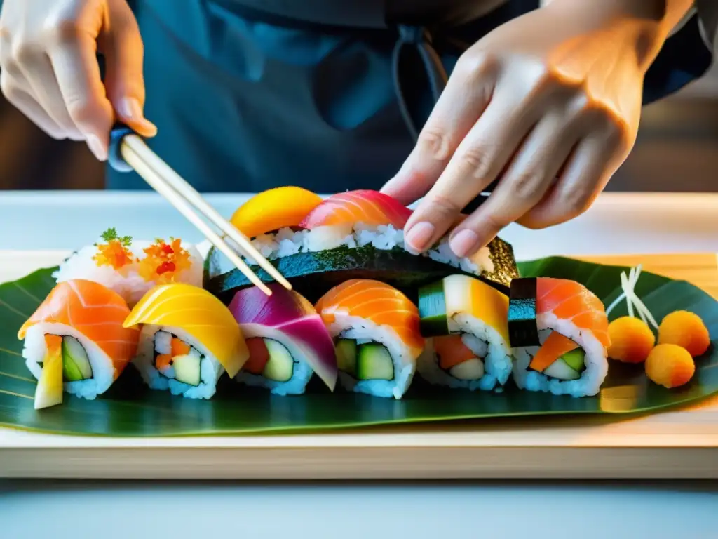 Un maestro sushi japonés crea con precisión un hermoso plato de sushi, mostrando su destreza y atención al detalle