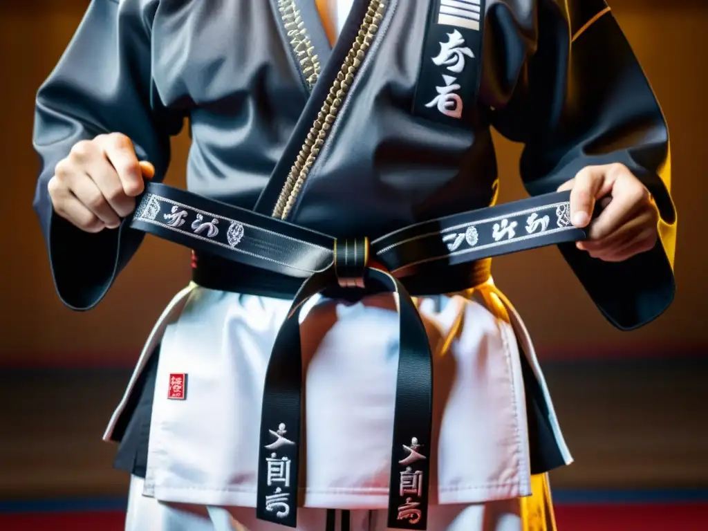 Maestro de taekwondo anuda cinturón negro con influencia cultura coreana taekwondo