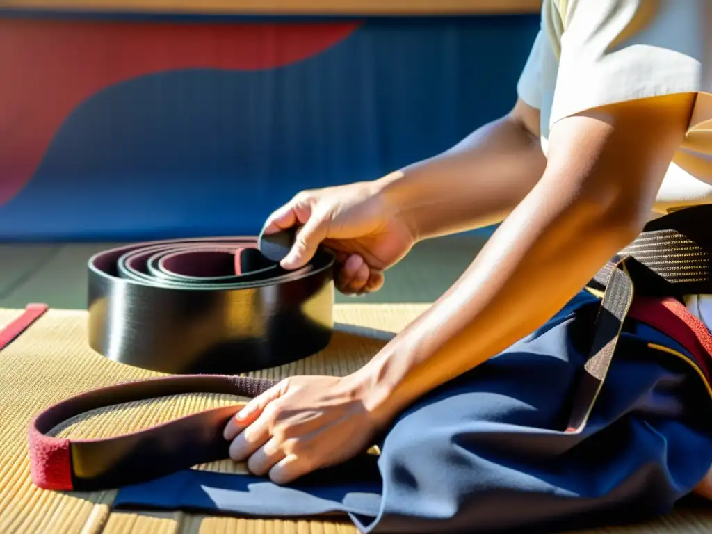 Un maestro de taekwondo coreano ata el cinturón a su estudiante en un dojang tranquilo, reflejando la influencia de la cultura coreana en el taekwondo