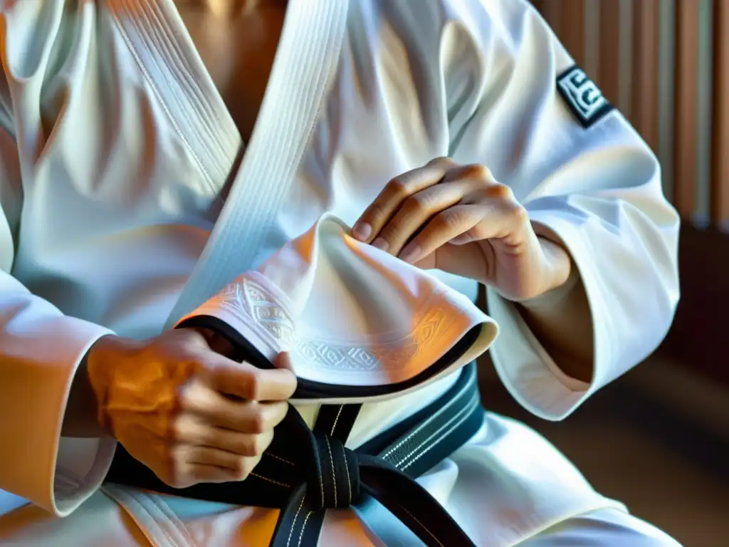 Un maestro de Taekwondo dobla con cuidado su dobok blanco en un gesto de respeto y maestría