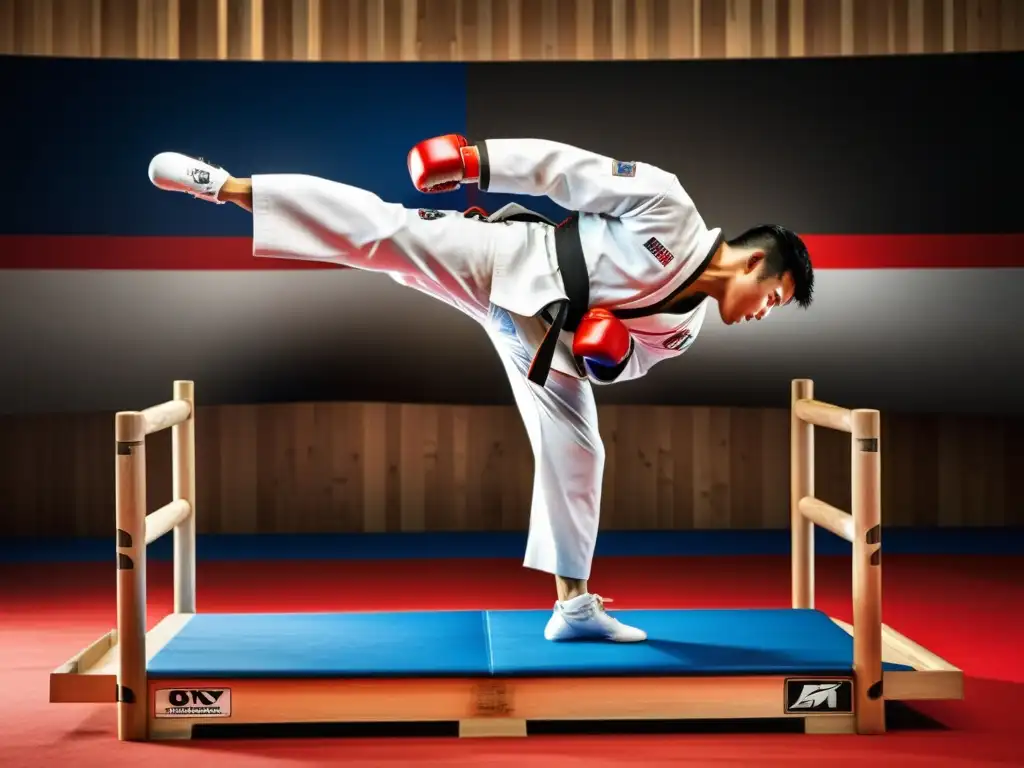 Un maestro de taekwondo ejecuta con destreza la técnica de kyukpa, rompiendo con potencia una pila de tablas de madera