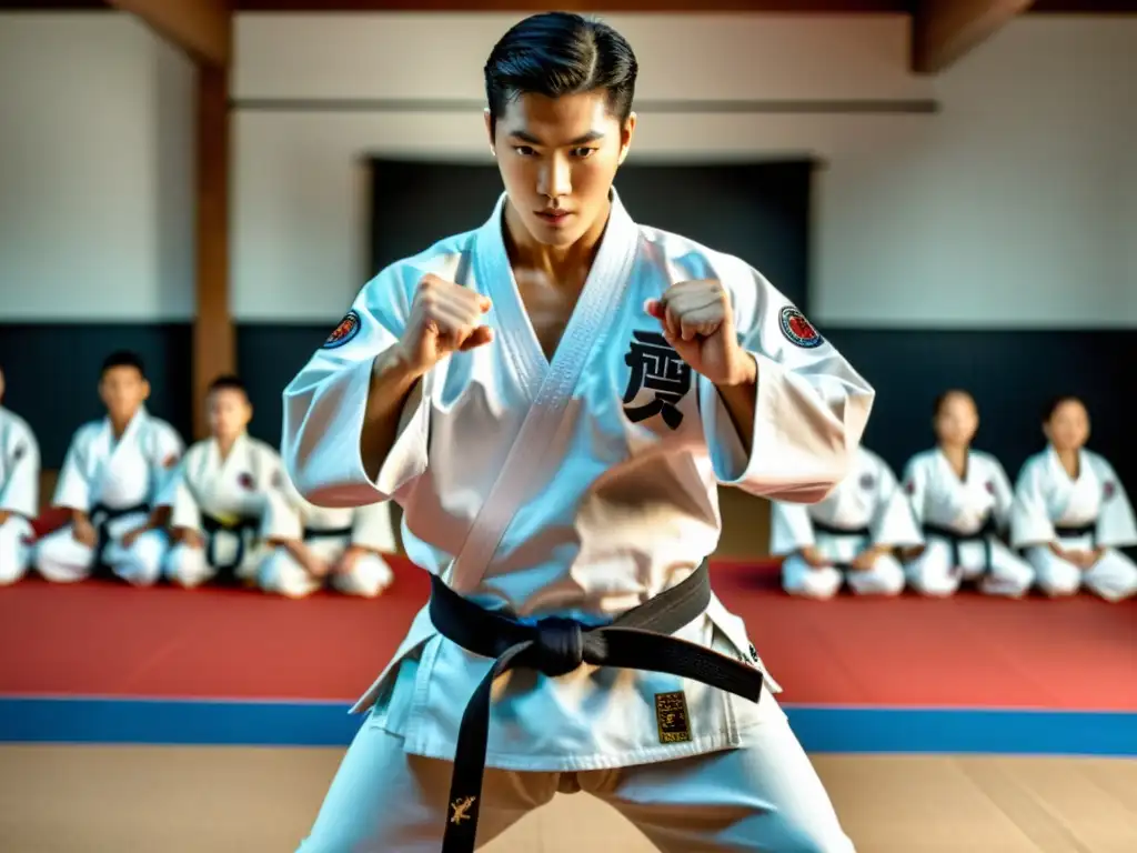 Maestro de taekwondo en un dojo tradicional, liderando a estudiantes en un entrenamiento enfocado