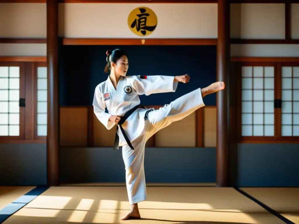 Un maestro de taekwondo muestra elegancia y precisión en su dojang