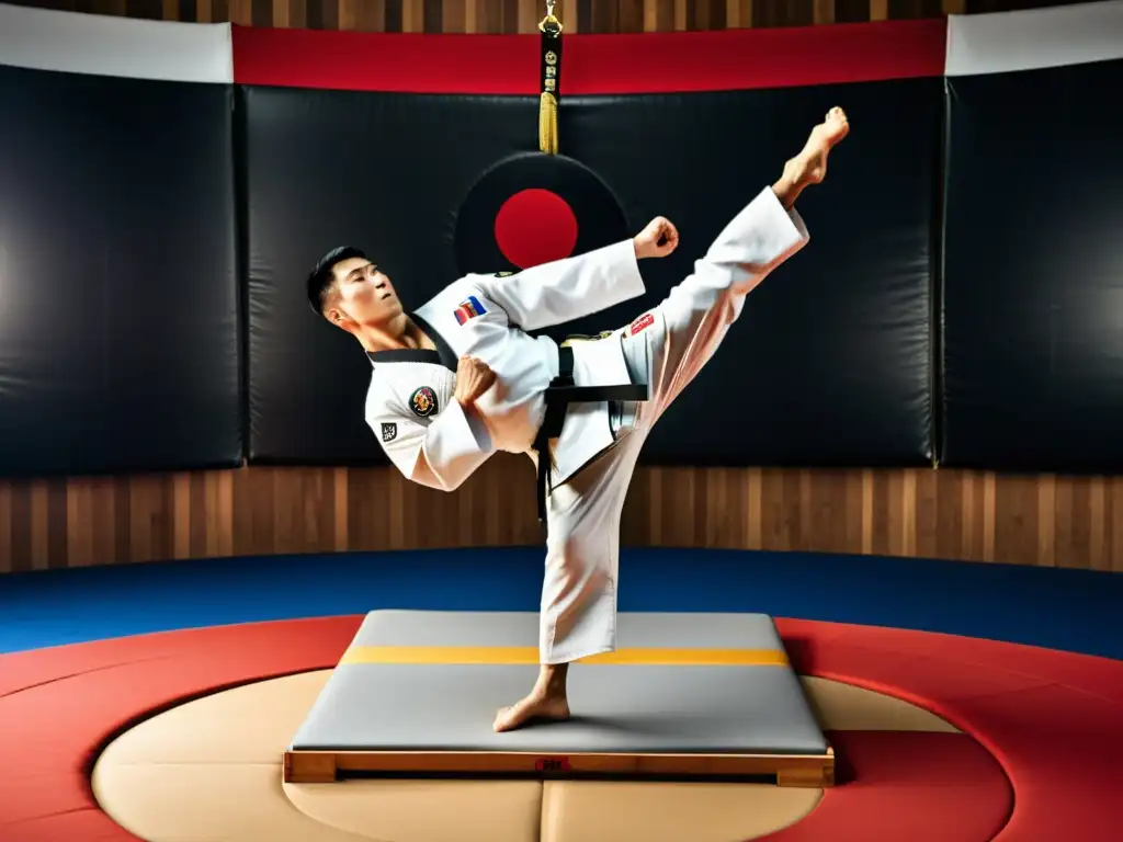 Un maestro de Taekwondo concentra su energía para ejecutar técnicas de kyukpa, con determinación y destreza