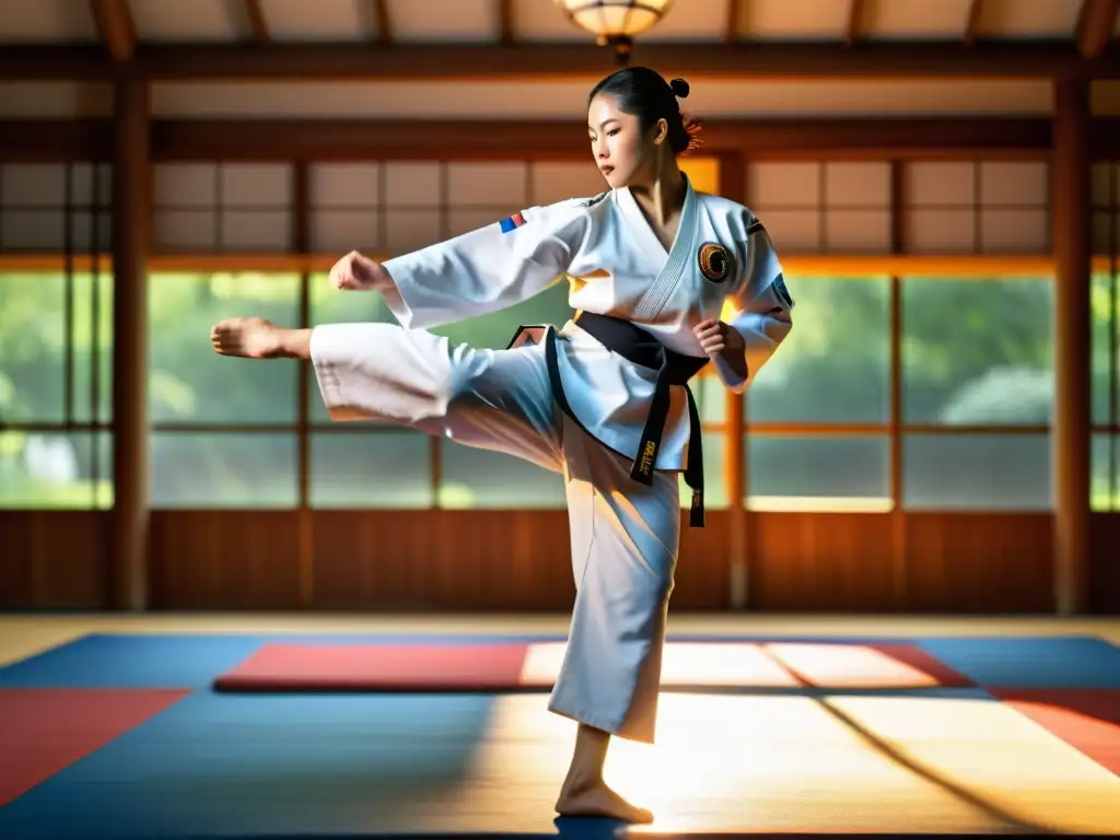 Un maestro de Taekwondo ejecuta un impecable roundhouse kick en un dojo sereno