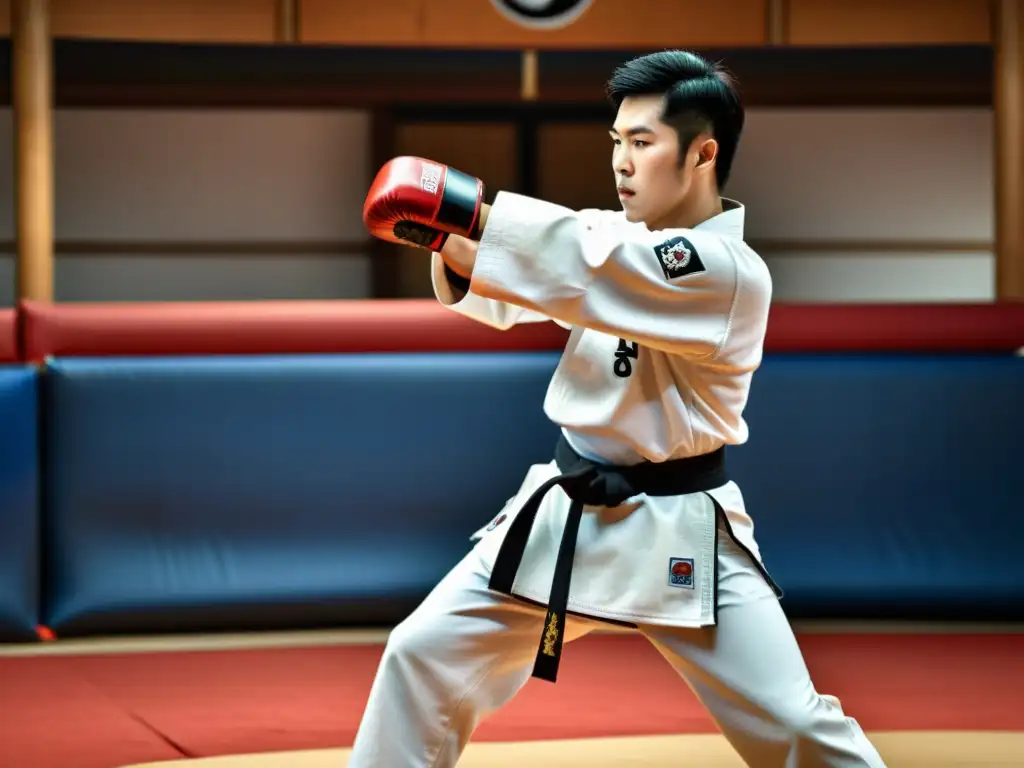 Un maestro de taekwondo con los mejores protectores antebrazo, ejecutando una potente patada giratoria en un dojang tradicional