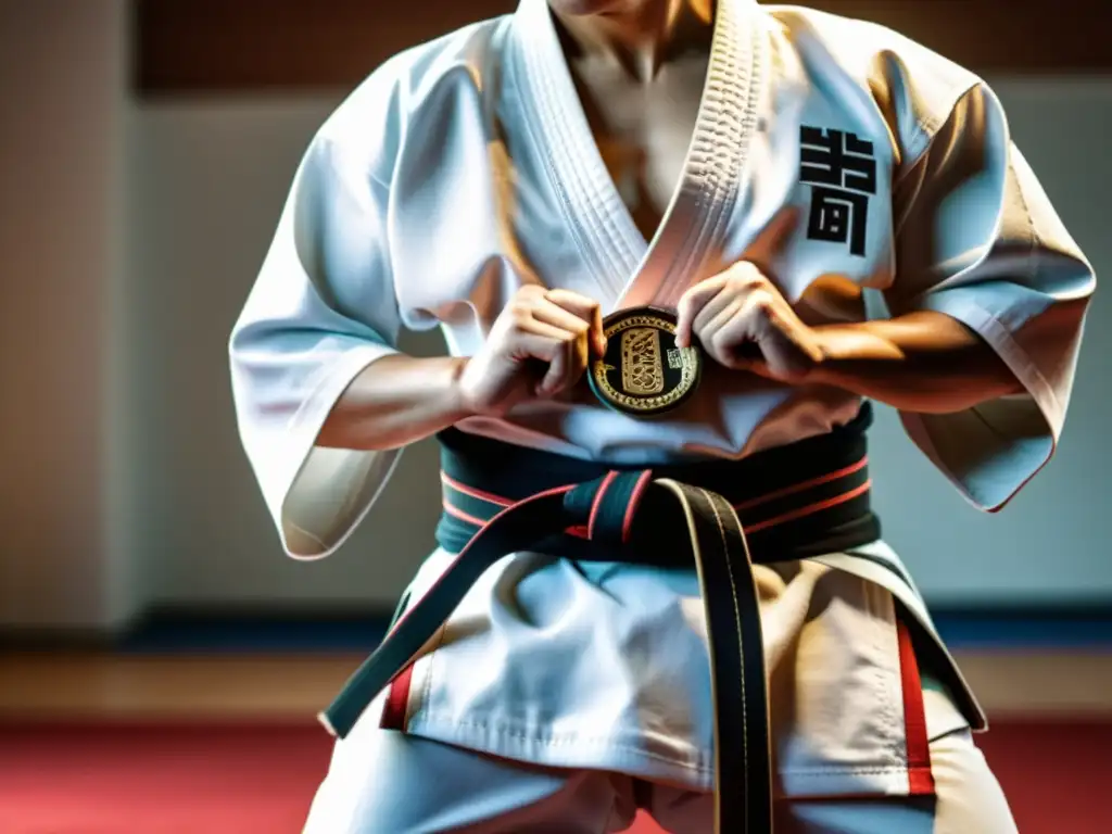 Un maestro de taekwondo negro ata con dedicación el cinturón blanco a su estudiante, con enfoque intenso