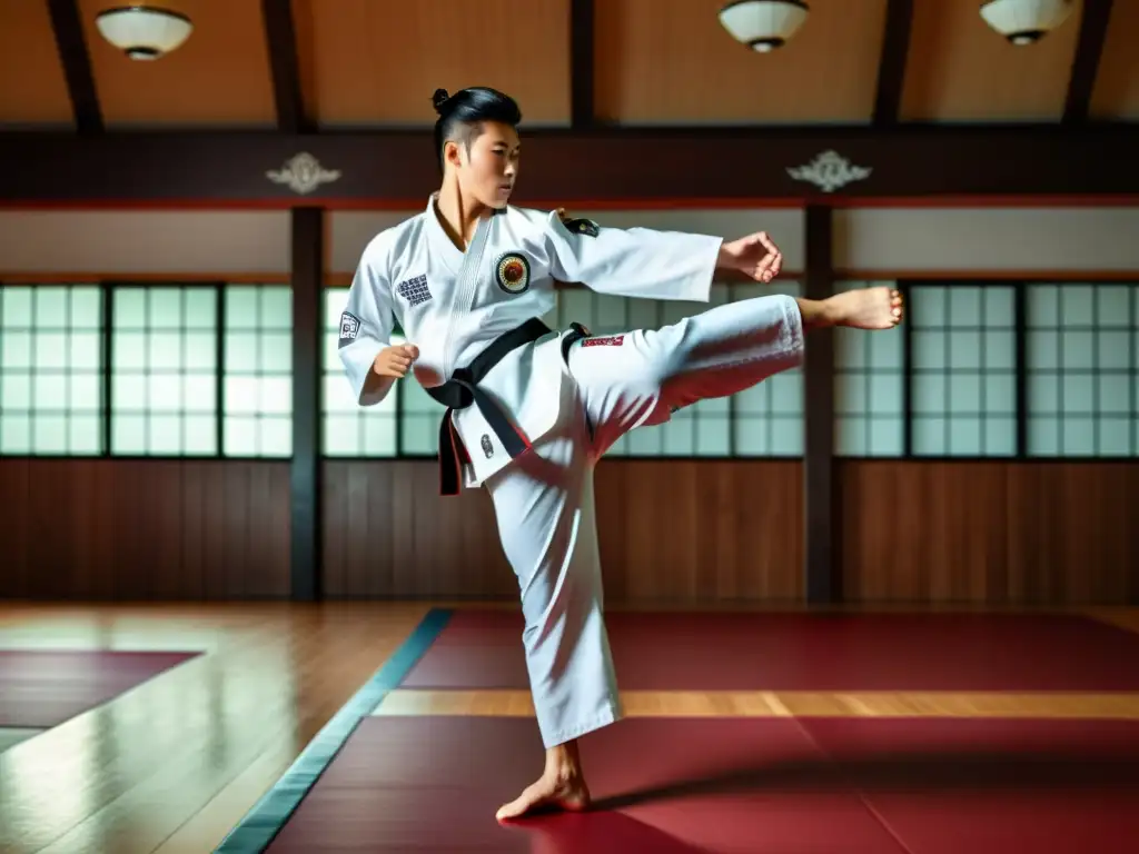 Un maestro de Taekwondo ejecuta una patada aérea impecable en un dojo tradicional