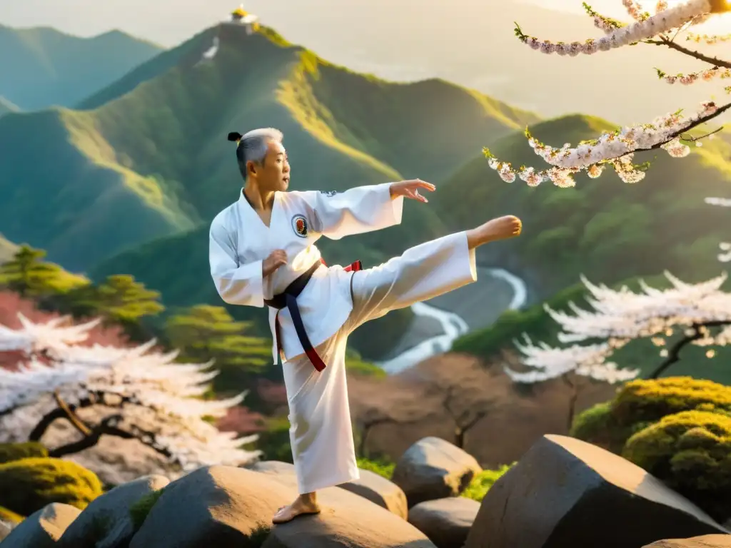 Maestro de Taekwondo practicando una patada alta al amanecer en la montaña, rodeado de naturaleza exuberante y serenidad