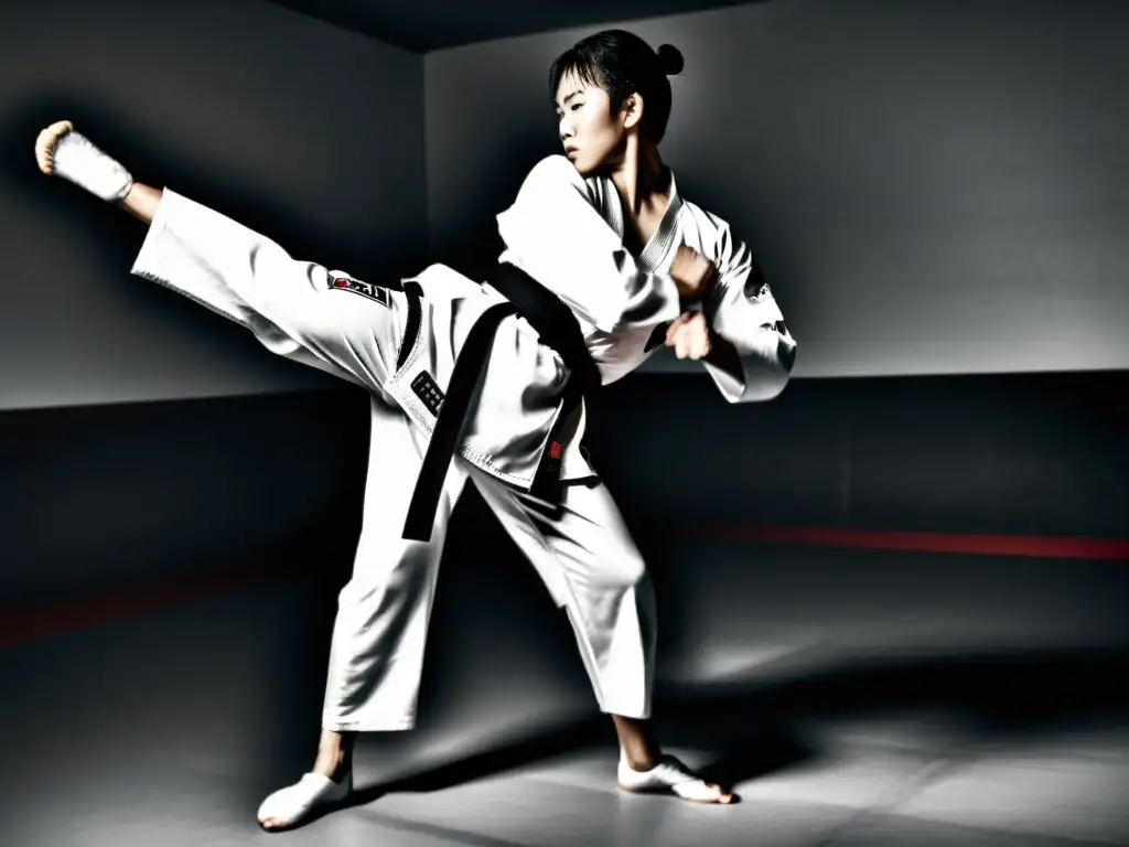 Un maestro de taekwondo ejecuta una patada precisa en un dojo, demostrando la influencia del taekwondo en autodefensa con enfoque y determinación