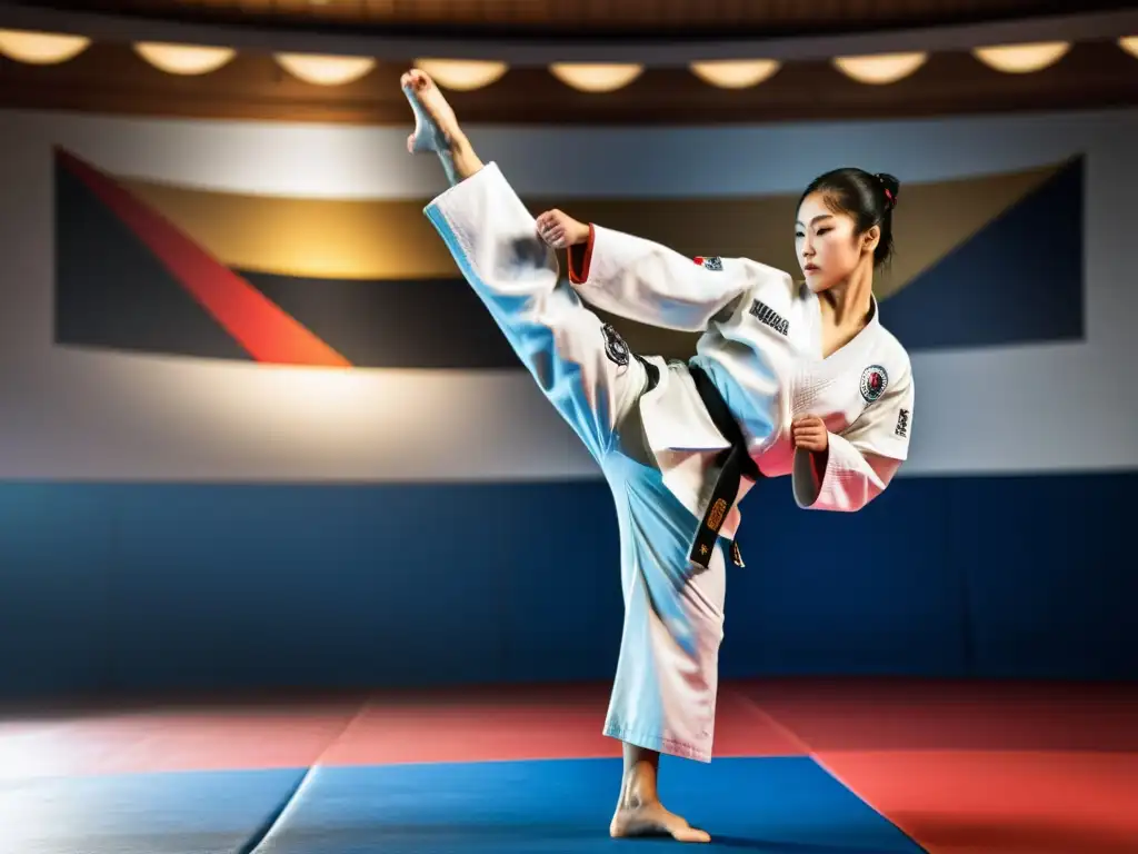 Un maestro de taekwondo realiza una patada con gran flexibilidad y concentración, en un estudio tradicional de taekwondo