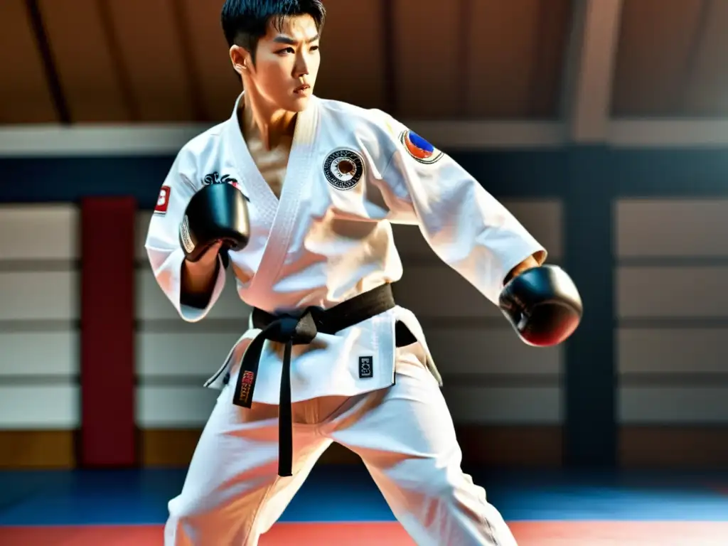 Un maestro de taekwondo ejecuta una patada impecable en un dojang tradicional