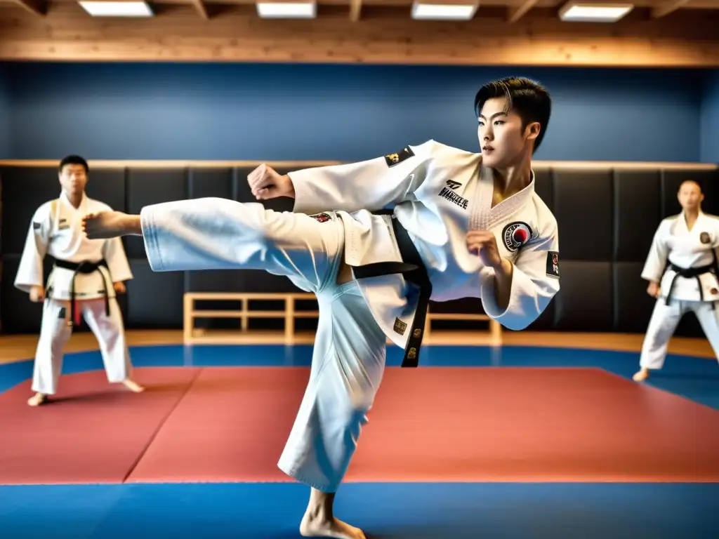 Un maestro de taekwondo ejecuta una patada perfecta con determinación en un dojang tradicional, transmitiendo disciplina y técnica