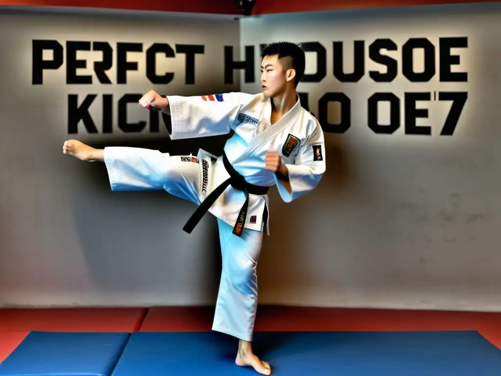 Un maestro de Taekwondo ejecuta una patada perfecta en un dojang tradicional con citas motivacionales en las paredes