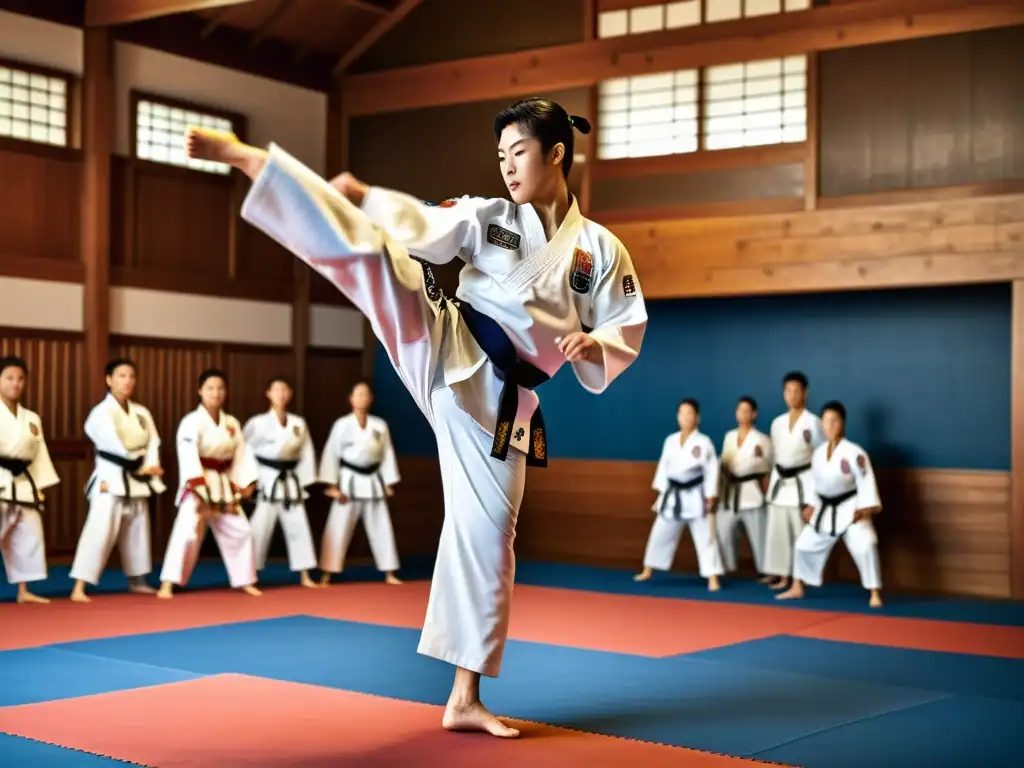 Un maestro de Taekwondo realiza una patada voladora en un dojang tradicional, rodeado de estudiantes concentrados