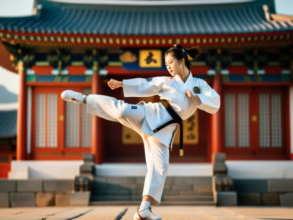 Un maestro de taekwondo ejecuta una patada voladora perfecta frente a un templo coreano al amanecer