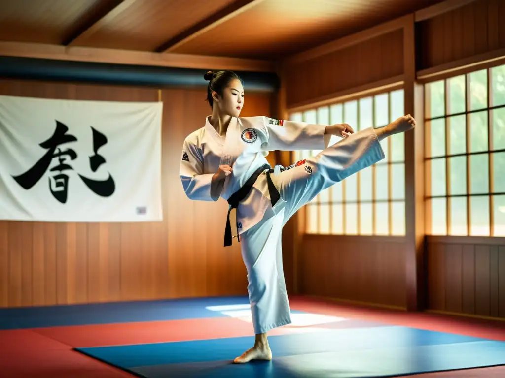 Maestro de taekwondo en perfecta flexibilidad, inspirando dominio y control