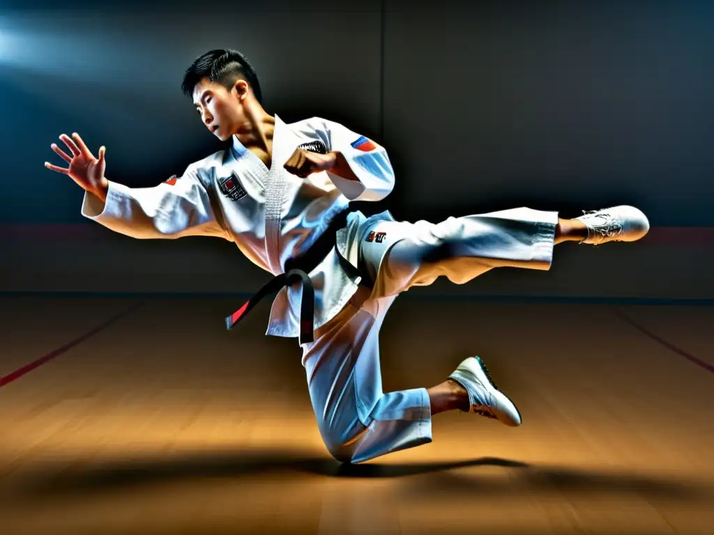 Un maestro de taekwondo realiza un perfecto split, mostrando fuerza y flexibilidad