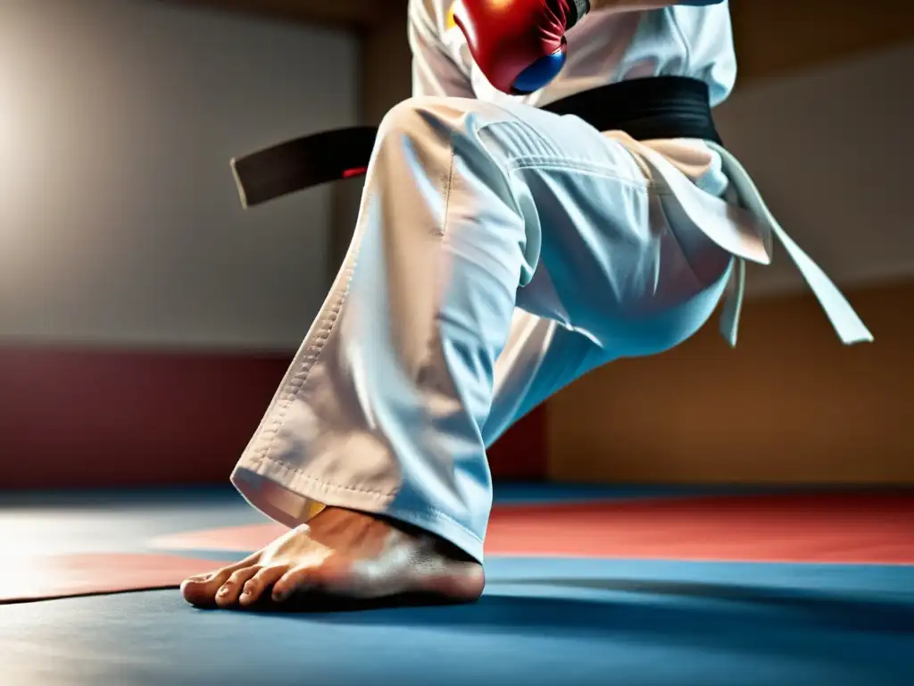 Maestro de Taekwondo en plena patada, demostrando el impacto cultural y la disciplina en los torneos de Taekwondo en Asia