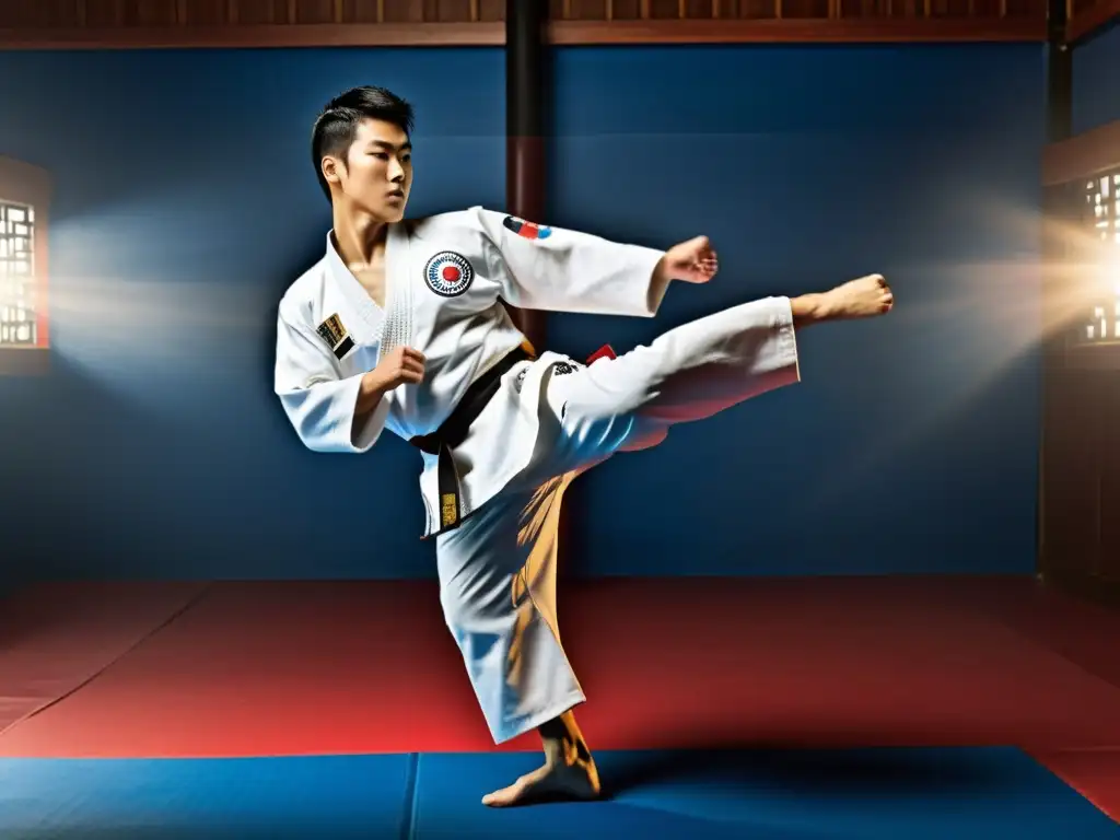 Maestro de Taekwondo ejecutando poderosas y precisas patadas en un dojang, reflejando disciplina y destreza en el entrenamiento de Taekwondo