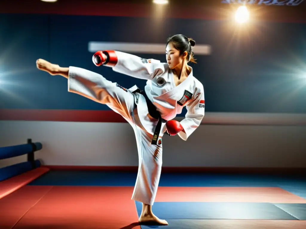 Un maestro de taekwondo ejecuta un poderoso golpe volador en un dojang, destacando la intensidad y precisión