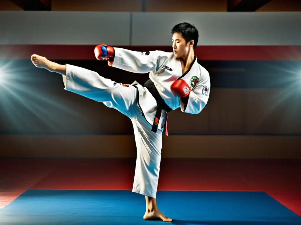 Un maestro de taekwondo ejecuta un poderoso y preciso patada en el aire, mostrando habilidad y dedicación