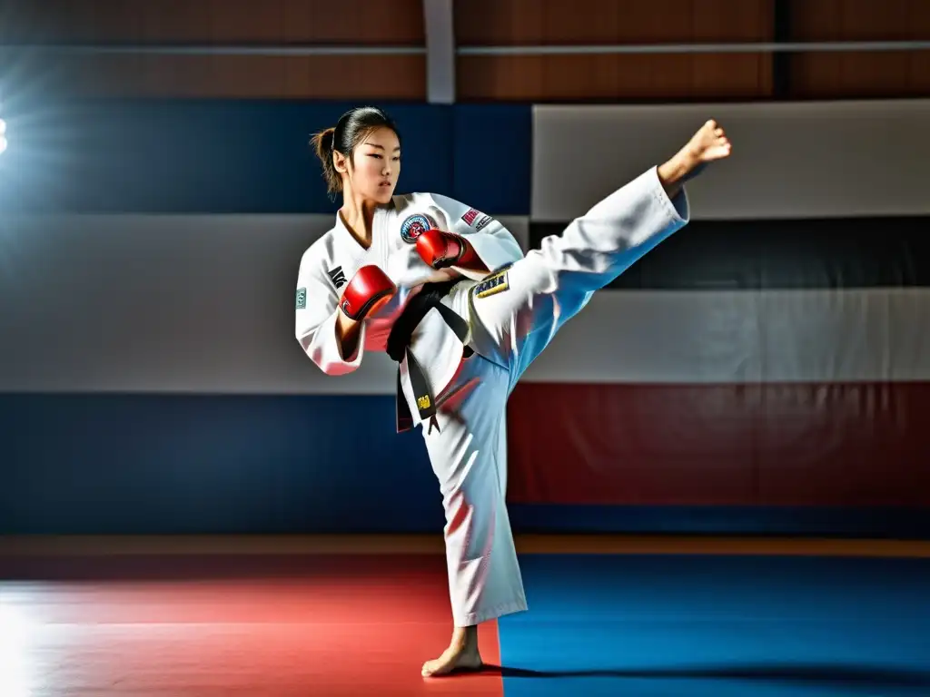 Un maestro de Taekwondo realiza un potente patada con concentración y precisión, en un ambiente de entrenamiento tradicional