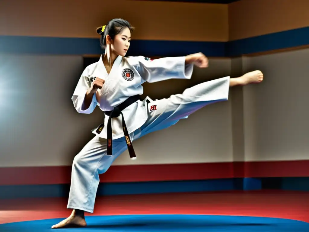 Maestro de Taekwondo ejecuta una precisa y poderosa técnica defensiva, con determinación