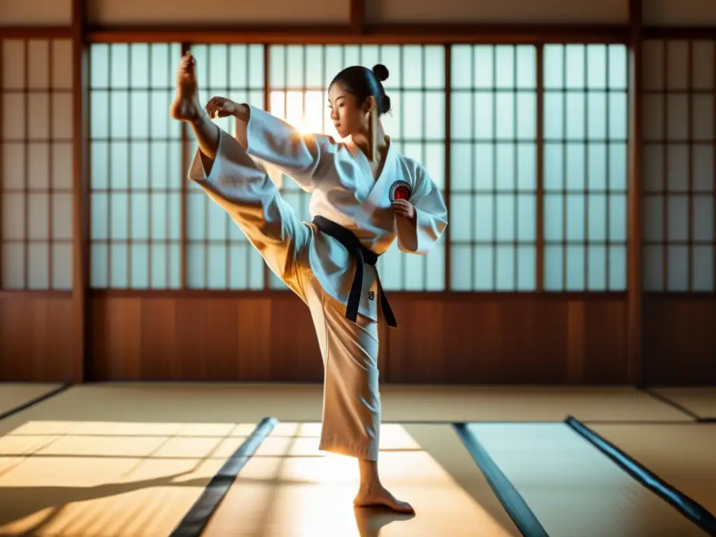 Maestro de Taekwondo ejecutando un roundhouse kick perfecto en un dojo iluminado por la cálida luz del sol