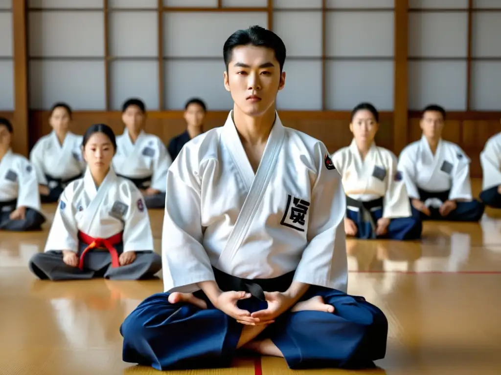 Maestro de taekwondo guía meditación en dojang, transmitiendo sabiduría y disciplina