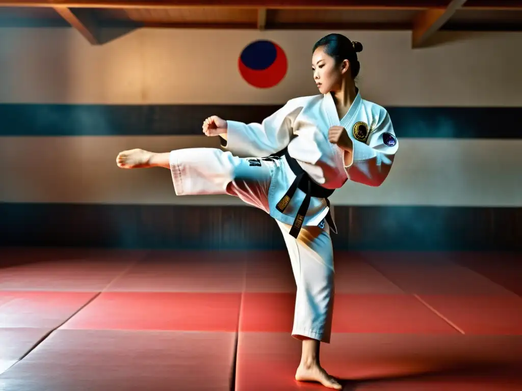 Un maestro de Taekwondo realiza una serie precisa de patadas y golpes en un dojo tradicional