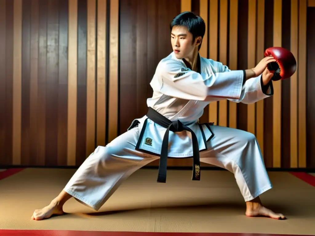 Un maestro de taekwondo rompiendo tablas con una patada, mostrando técnicas de kyukpa en taekwondo con maestría y determinación