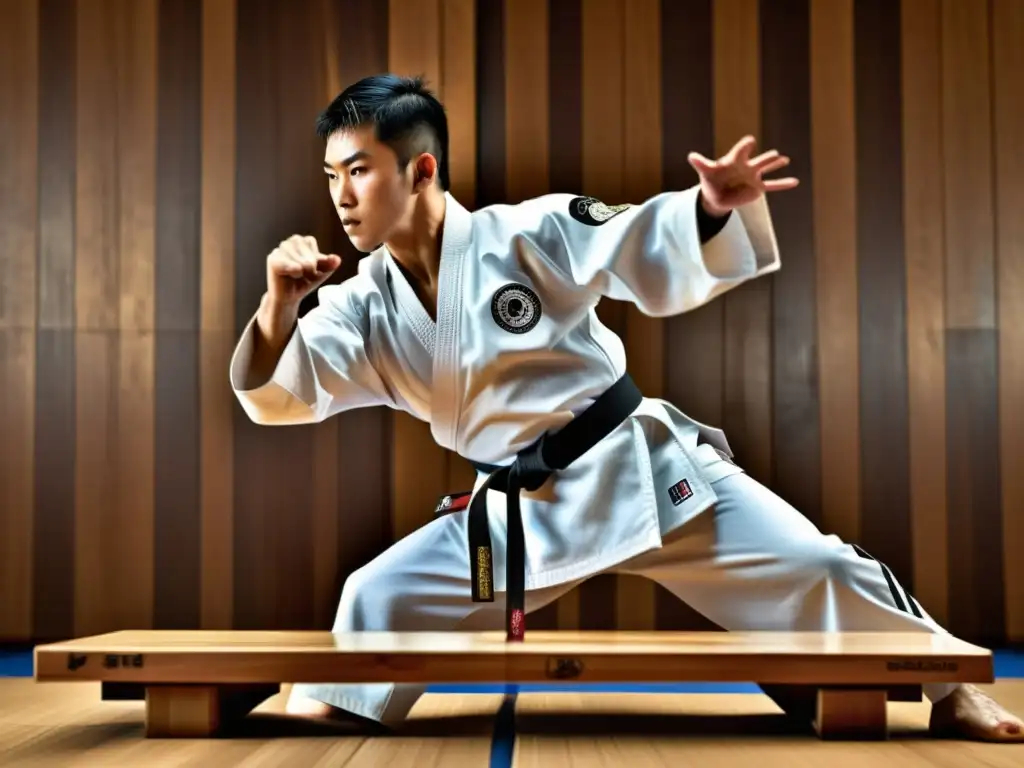 Maestro de Taekwondo ejecutando la técnica de Kyukpa con maestría, rompiendo una tabla