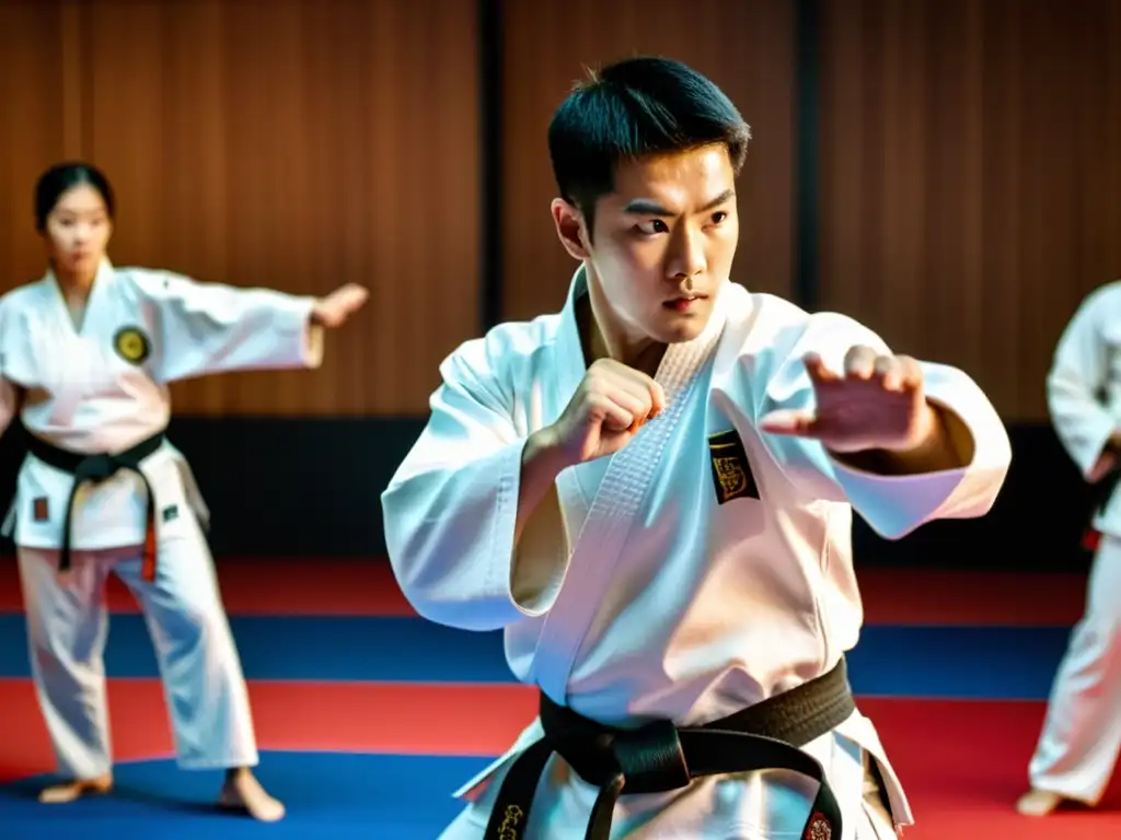 El maestro de taekwondo muestra técnicas efectivas de defensa personal a estudiantes concentrados en un dojang tradicional