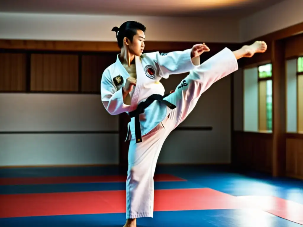 Un maestro de Taekwondo demuestra técnicas efectivas de defensa personal con determinación y enfoque intenso en un dojo