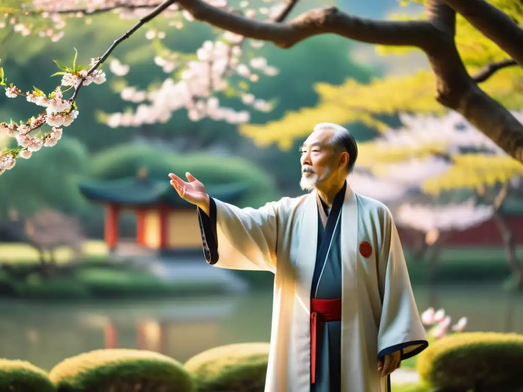 Maestro taoísta practicando Chi Kung en jardín sereno Un maestro taoísta realiza Chi Kung en un jardín sereno, irradiando energía interna y conexión espiritual