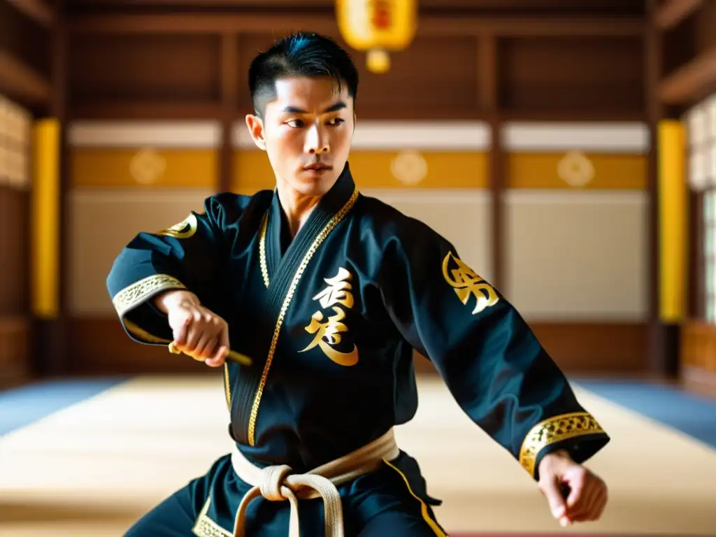 Un maestro de Kung Fu demostrando una técnica compleja en un salón tradicional