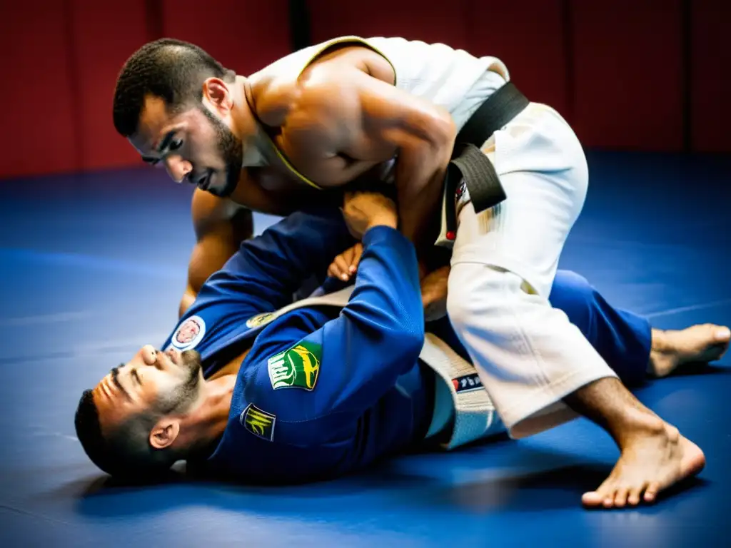 Un maestro de Brazilian JiuJitsu ejecuta una técnica con precisión y control, mientras transmite determinación y enfoque