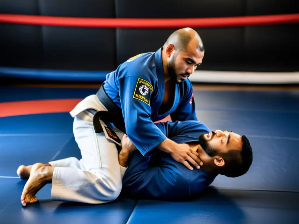 Maestro de Jiu Jitsu demostrando técnica, con estudiantes atentos en un dojo tradicional