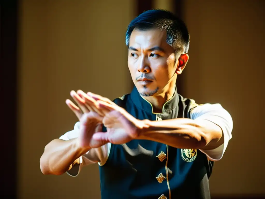 Un maestro de Wing Chun ejecuta con maestría la técnica del Chi Sao, reflejando la filosofía y técnicas del Wing Chun en cada movimiento