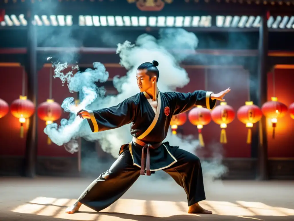 Un maestro de kung fu realiza una técnica poderosa en un salón tradicional, envuelto en humo de incienso y luz suave