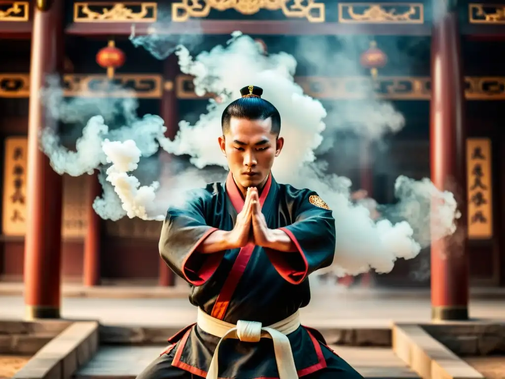 Un maestro de kung fu ejecuta una técnica poderosa en un templo chino, envuelto en humo de incienso