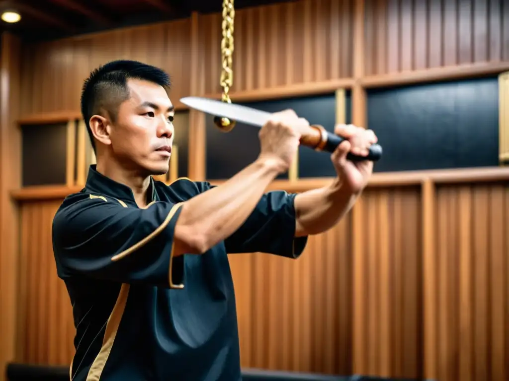 Un maestro de Wing Chun muestra la técnica del 'puño encadenado' con precisión y enfoque intenso, en un espacio de entrenamiento tradicional