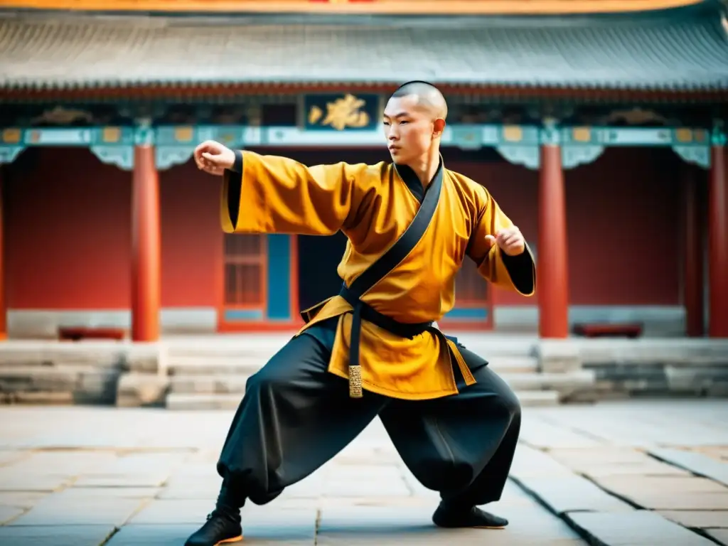 Un maestro de Kung Fu realiza una técnica en un templo Shaolin, transmitiendo sabiduría y disciplina