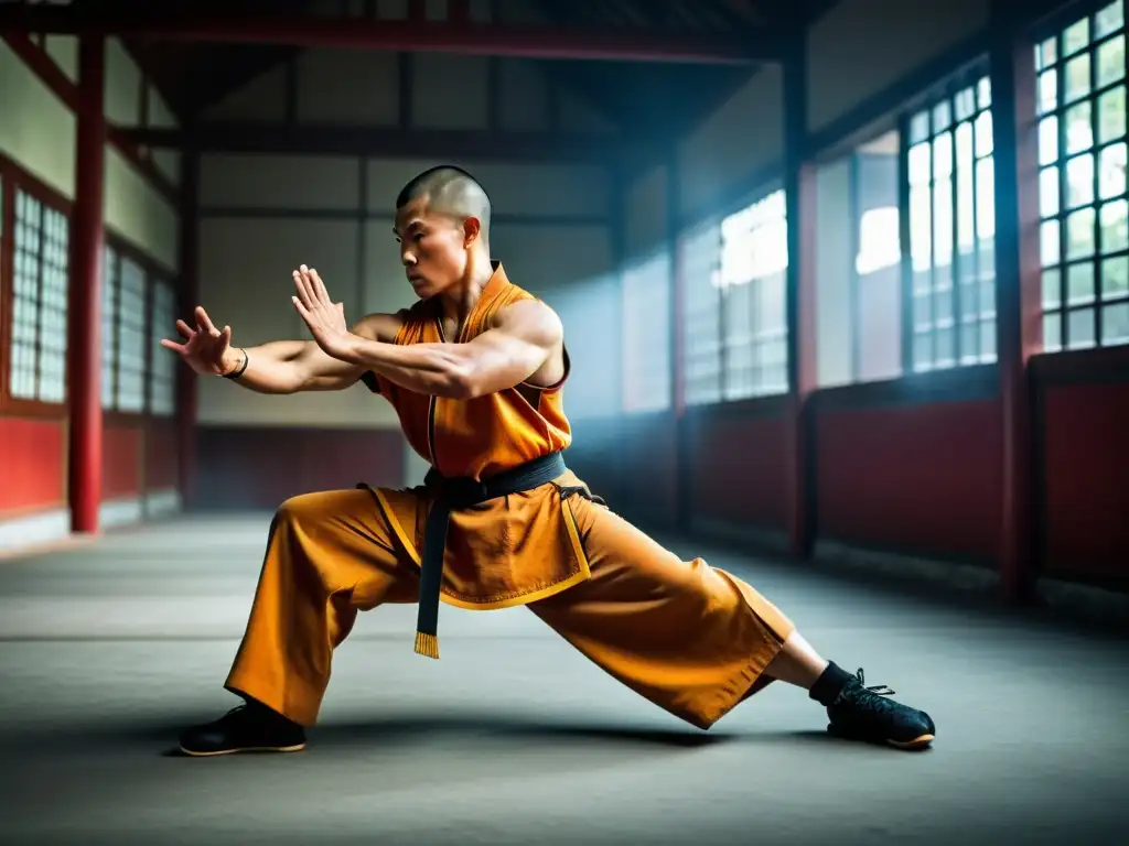 Un maestro de Kung Fu Shaolin ejecutando la técnica del Tigre con fuerza y determinación, reflejando la filosofía y técnicas de los cinco animales